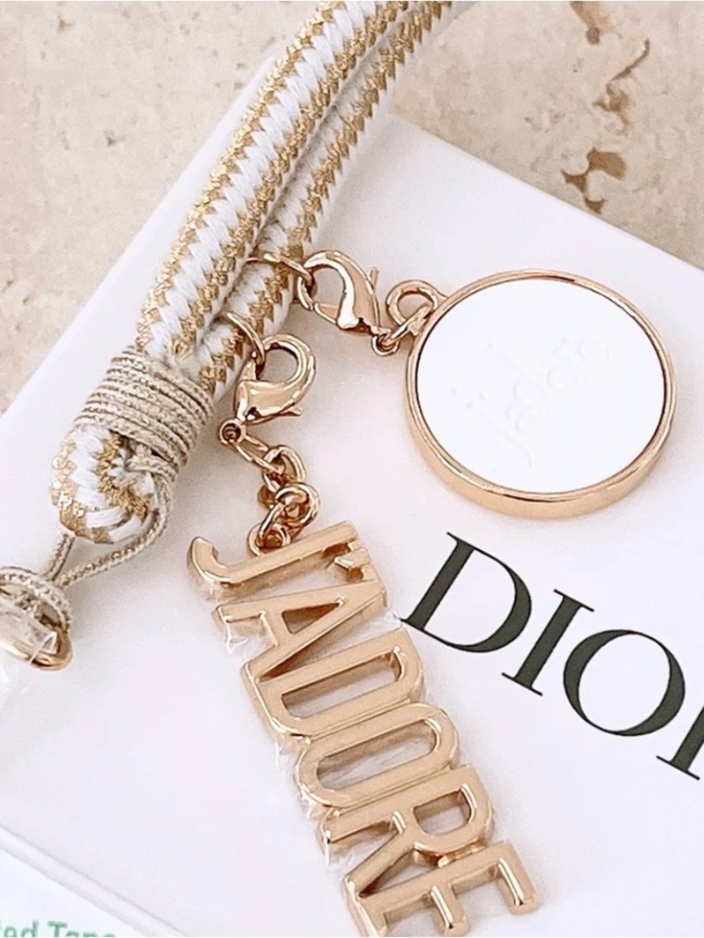 Dior White Enamel & Gold-tone 'JADORE' Letter Charm Key Holder